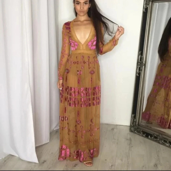 For Love & Lemons Barcelona Maxi Dress Silk Blend Mustard Yellow Sz XS - Picture 4 of 16